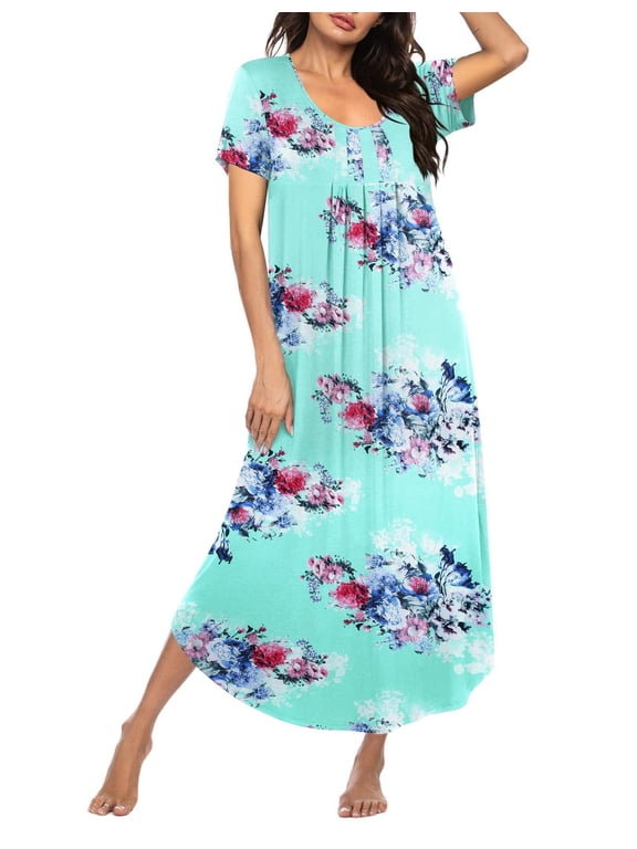 Long Nightgowns for Women House Dress Plus Size Sleepwear Pleated Full Length Loungwear