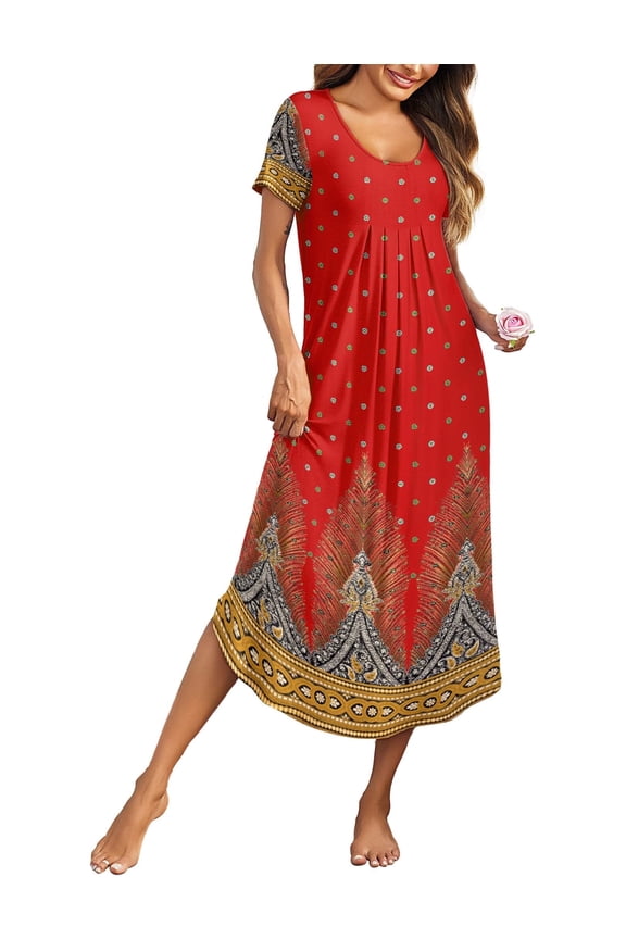 Long Nightgowns for Women House Dress Plus Size Sleepwear Pleated Full Length Loungwear