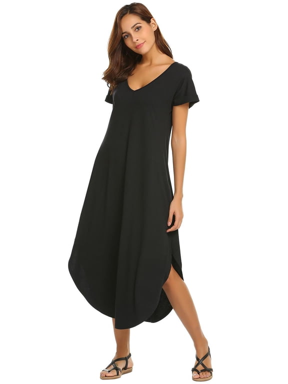 Womens Long Sleep Dress Short Sleeve Nightgown V Neck Loungewear with Pockets and Side Slit