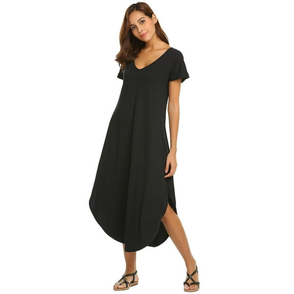 Ekouaer Long Nightgowns for Women Short Sleeve House Dress with Pockets V Neck Sleepshirts Side Split Sleepwear Black XL