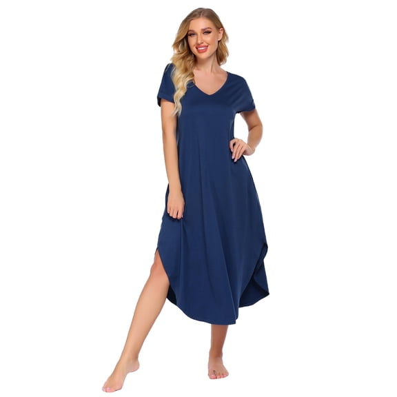 Ekouaer Long Nightgowns for Women Short Sleeve House Dress with Pockets V Neck Sleepshirts Side Split Sleepwear Navy XL