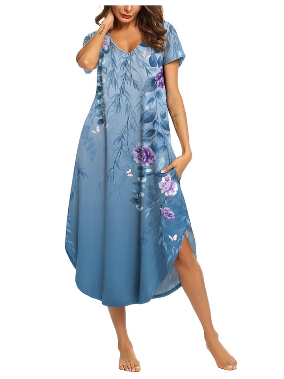 Long Nightgowns for Women Short Sleeve House Dress with Pockets V Neck Sleepshirts Side Split Sleepwear -