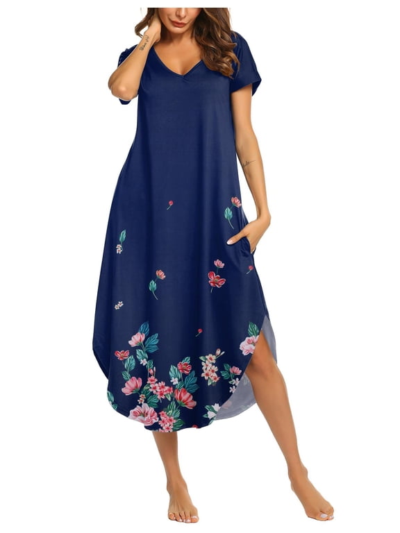 Long Nightgowns for Women Short Sleeve House Dress with Pockets V Neck Sleepshirts Side Split Sleepwear
