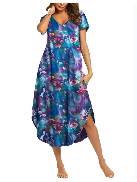 Long Nightgowns for Women Short Sleeve House Dress with Pockets V Neck Sleepshirts Side Split Sleepwear