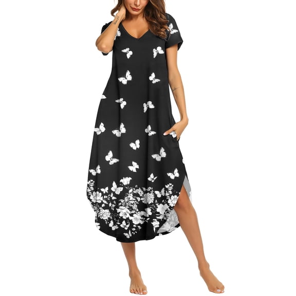 Ekouaer Long Nightgowns for Women Short Sleeve House Dress with Pockets V Neck Sleepshirts Side Split Sleepwear