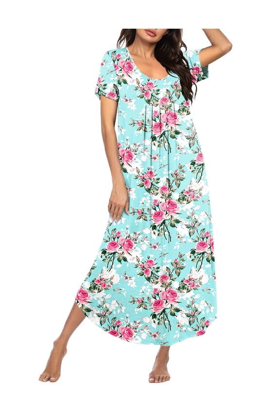 Long Nightgowns for Women Soft House Dress Pleated Front Nightshirt Full Length Loungwear
