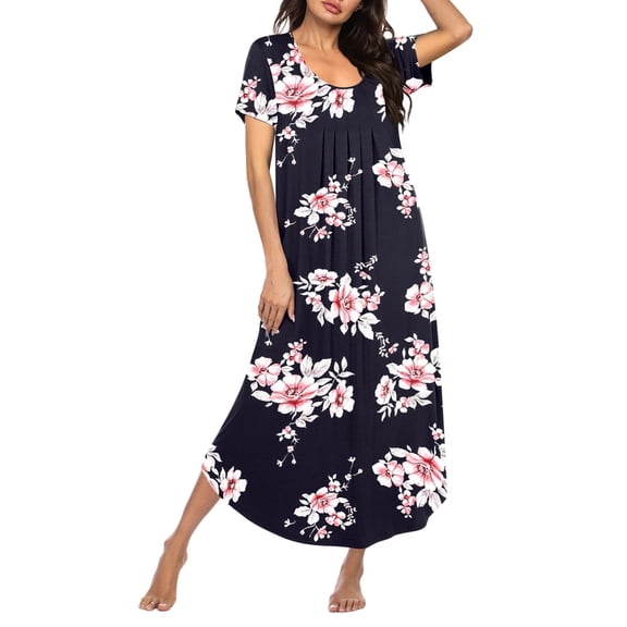 Ekouaer Long Nightgowns for Women Soft House Dress Pleated Front Nightshirt Full Length Loungwear
