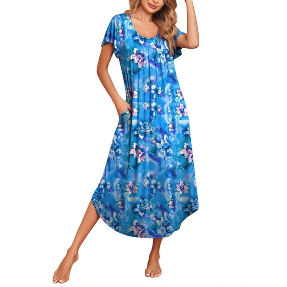Ekouaer Long Nightgowns for Women with Pockets Short Sleeves Moo Moos for Women Casual House Dresses