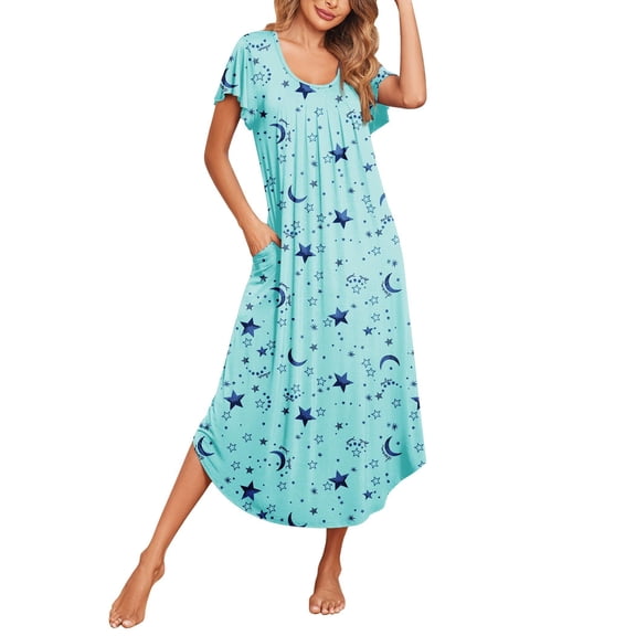 Ekouaer Long Nightgowns for Women with Pockets Short Sleeves Moo Moos for Women Casual House Dresses