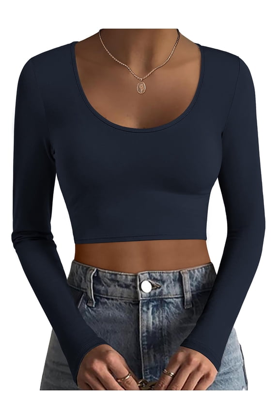 Long Sleeve Crop Tops for Women Scoop Neck Lightweight Basic Base Layer Thermal Undershirts Shirts Navy Blue