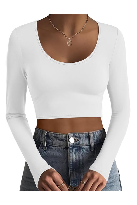 Long Sleeve Crop Tops for Women Scoop Neck Lightweight Basic Base Layer Thermal Undershirts Shirts White