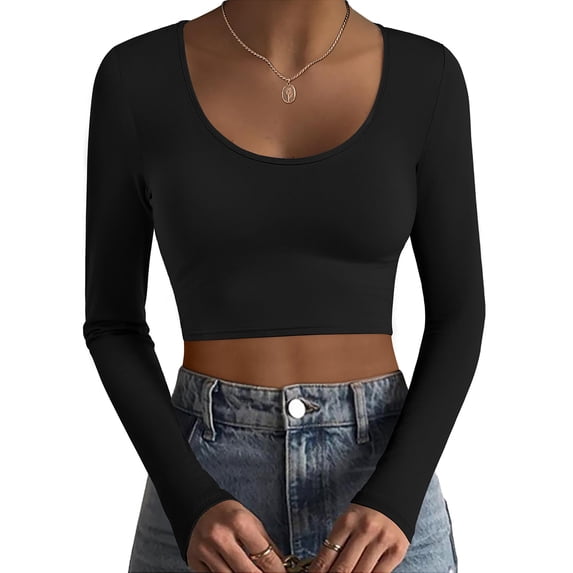 Ekouaer Long Sleeve Crop Tops for Women Scroop Neck Lightweight Basic Base Layer Thermal Undershirts Shirts Haze Blue