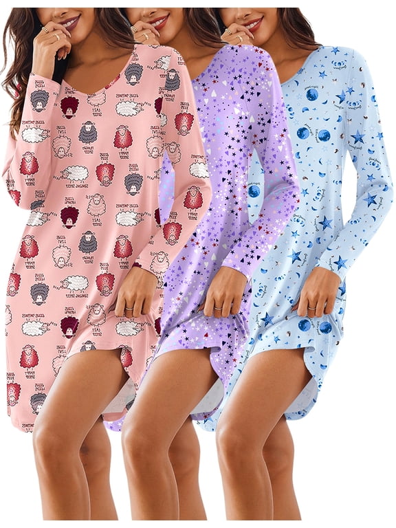 Long Sleeve Nightgown 3 Pack Super Soft Lightweight Night Shirts for Sleeping Sleepwear Casual Print Sleepdress