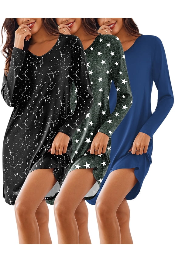 Long Sleeve Nightgowns for Women 3 Pack Sleep Night Shirt Button Down Sleepwear Boyfriend Pajama Dress