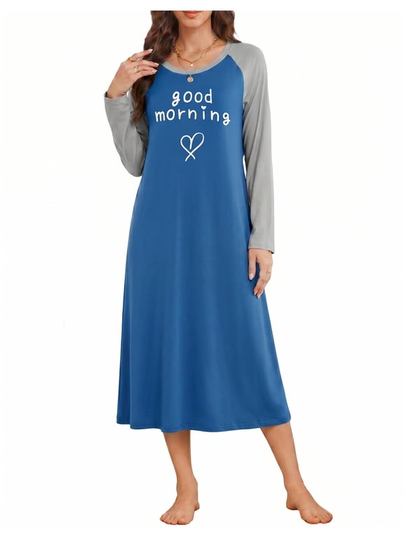 Long Sleeve Nightgowns for Women Calf Length Sleepwear Long Sleepshirts Crewneck Sleep Dress