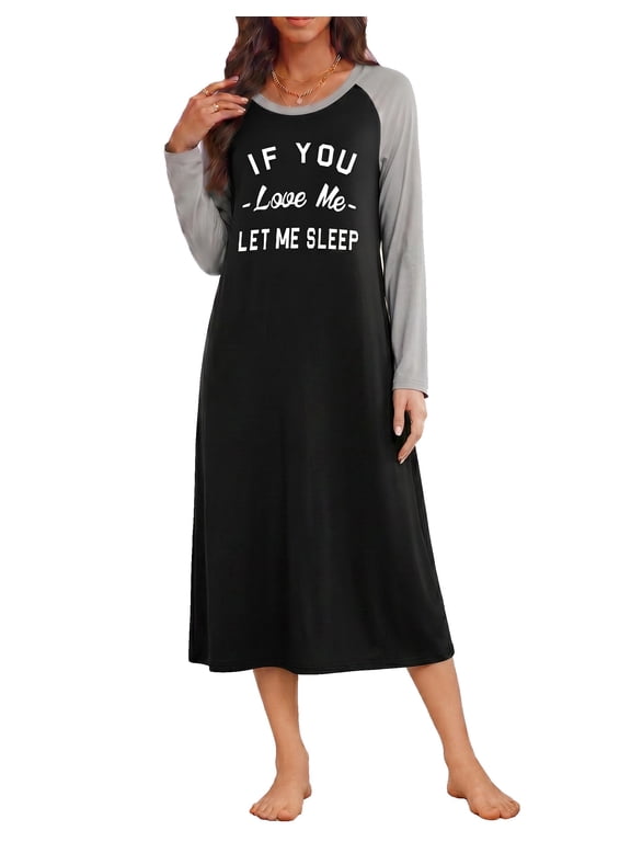 Long Sleeve Nightgowns for Women Calf Length Sleepwear Long Sleepshirts Crewneck Sleep Dress
