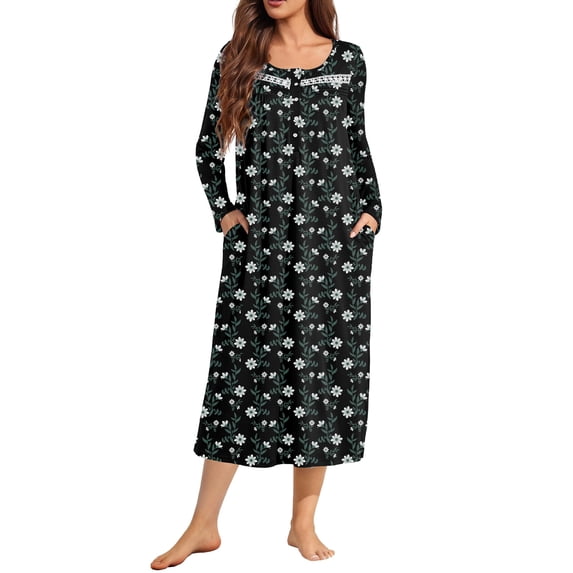 Ekouaer Long Sleeve Nightgowns for Women Long Sleepshirts Button Night Gowns Full Length Sleepwear with Pockets Flower Clusters