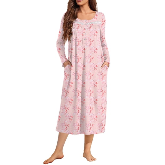 Ekouaer Long Sleeve Nightgowns for Women Long Sleepshirts Button Night Gowns Full Length Sleepwear with Pockets Flower Clusters