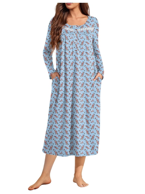 Long Sleeve Nightgowns for Women Long Sleepshirts Button Night Gowns Full Length Sleepwear with Pockets Flower Clusters