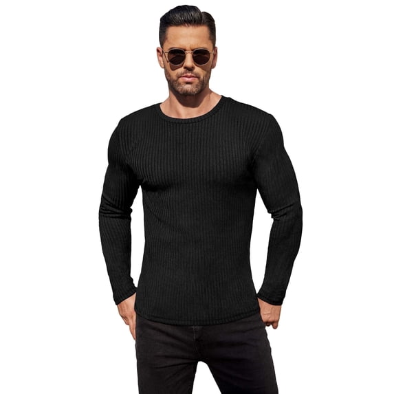 Ekouaer Long Sleeves Sweater for Men Ribbed Shirts Round Neck Tops Warm Thermal Blouse Soft Lightweight Undershirts