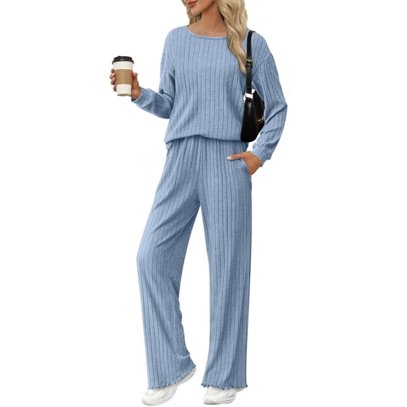 Ekouaer Lounge Sets for Women Comfy Ribbed Knit Pajamas Fall Long Sleeve Sleepwear 2 Piece Casual Loungewear