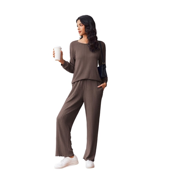 Ekouaer Lounge Sets for Women Comfy Ribbed Knit Pajamas Fall Long Sleeve Sleepwear 2 Piece Casual Loungewear