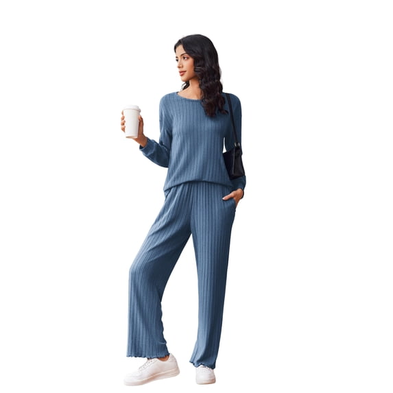Ekouaer Lounge Sets for Women Comfy Ribbed Knit Pajamas Fall Long Sleeve Sleepwear 2 Piece Casual Loungewear