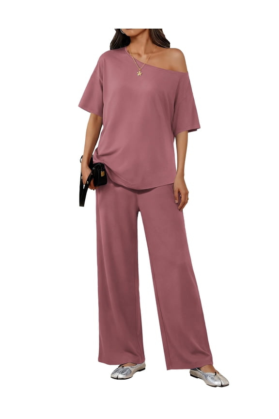 Lounge Sets for Women Off Shoulder Short Sleeve Tops and Long Pants 2 Piece Set Summer Soft Matching Outfit