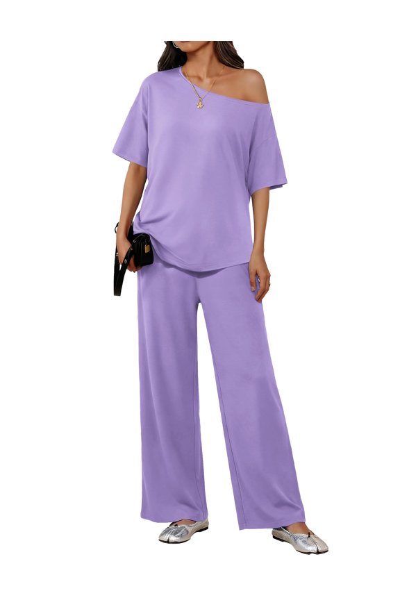 Lounge Sets for Women Off Shoulder Short Sleeve Tops and Long Pants 2 Piece Set Summer Soft Matching Outfit