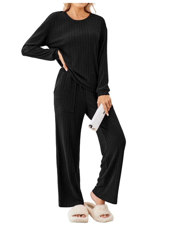 Lounge Sets for Women Ribbed Knit Pajama Sets 2 Piece Long Sleeve Pjs Soft Loungewear Outfits with Pockets