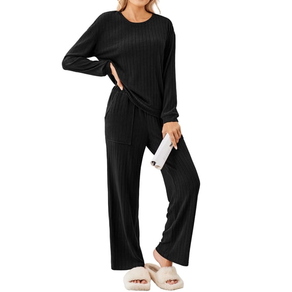 Ekouaer Lounge Sets for Women Ribbed Knit Pajama Sets 2 Piece Long Sleeve Pjs Soft Loungewear Outfits with Pockets