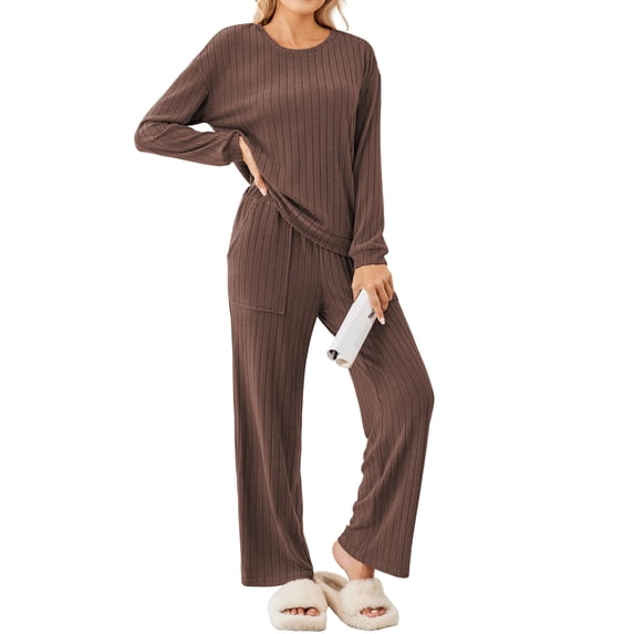 Ekouaer Lounge Sets for Women Ribbed Knit Pajama Sets 2 Piece Long Sleeve Pjs Soft Loungewear Outfits with Pockets