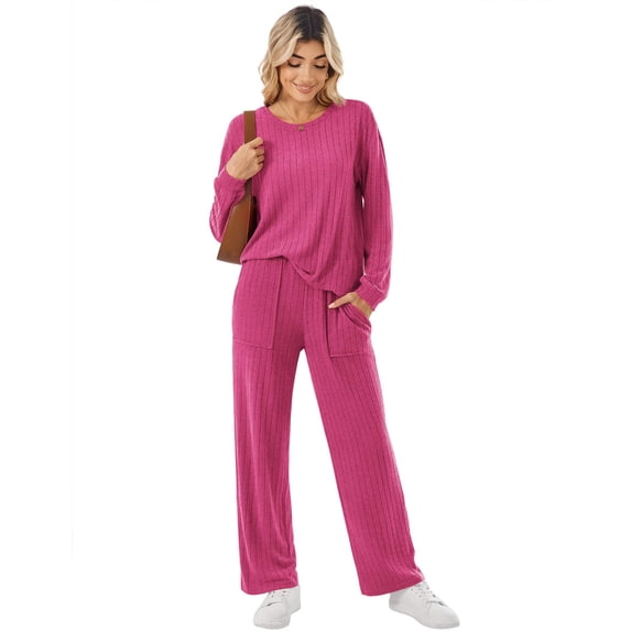Ekouaer Lounge Sets for Women Ribbed Knit Pajama Sets 2 Piece Long Sleeve Pjs Soft Loungewear Outfits with Pockets