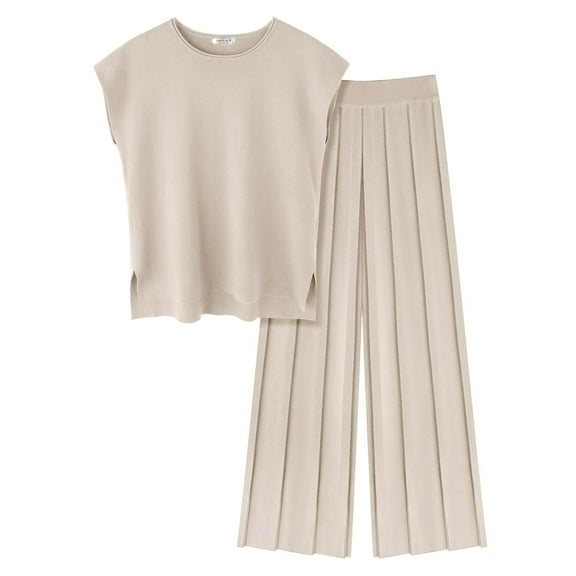 Ekouaer Lounge Sets for Women Two Piece Outfits Knit Cap Sleeve Tops Wide Leg Pleated Pants Casual Dressy Sweater Sets