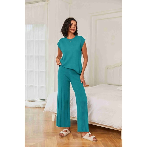 Ekouaer Lounge Sets for Women Two Piece Outfits Knit Cap Sleeve Tops Wide Leg Pleated Pants Casual Dressy Sweater Sets Blue