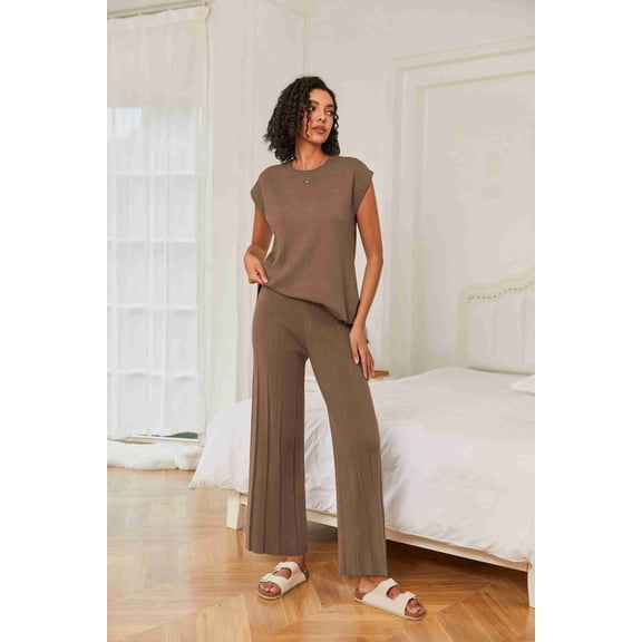 Ekouaer Lounge Sets for Women Two Piece Outfits Knit Cap Sleeve Tops Wide Leg Pleated Pants Casual Dressy Sweater Sets Brown