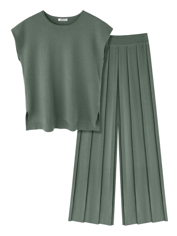 Lounge Sets for Women Two Piece Outfits Knit Cap Sleeve Tops Wide Leg Pleated Pants Casual Dressy Sweater Sets
