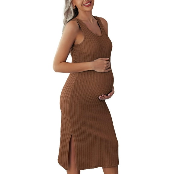 Ekouaer Women's Maternity Dress Rib Knit Sleeveless Baby Shower Dresses Casual Bodycon Pregnancy Clothes