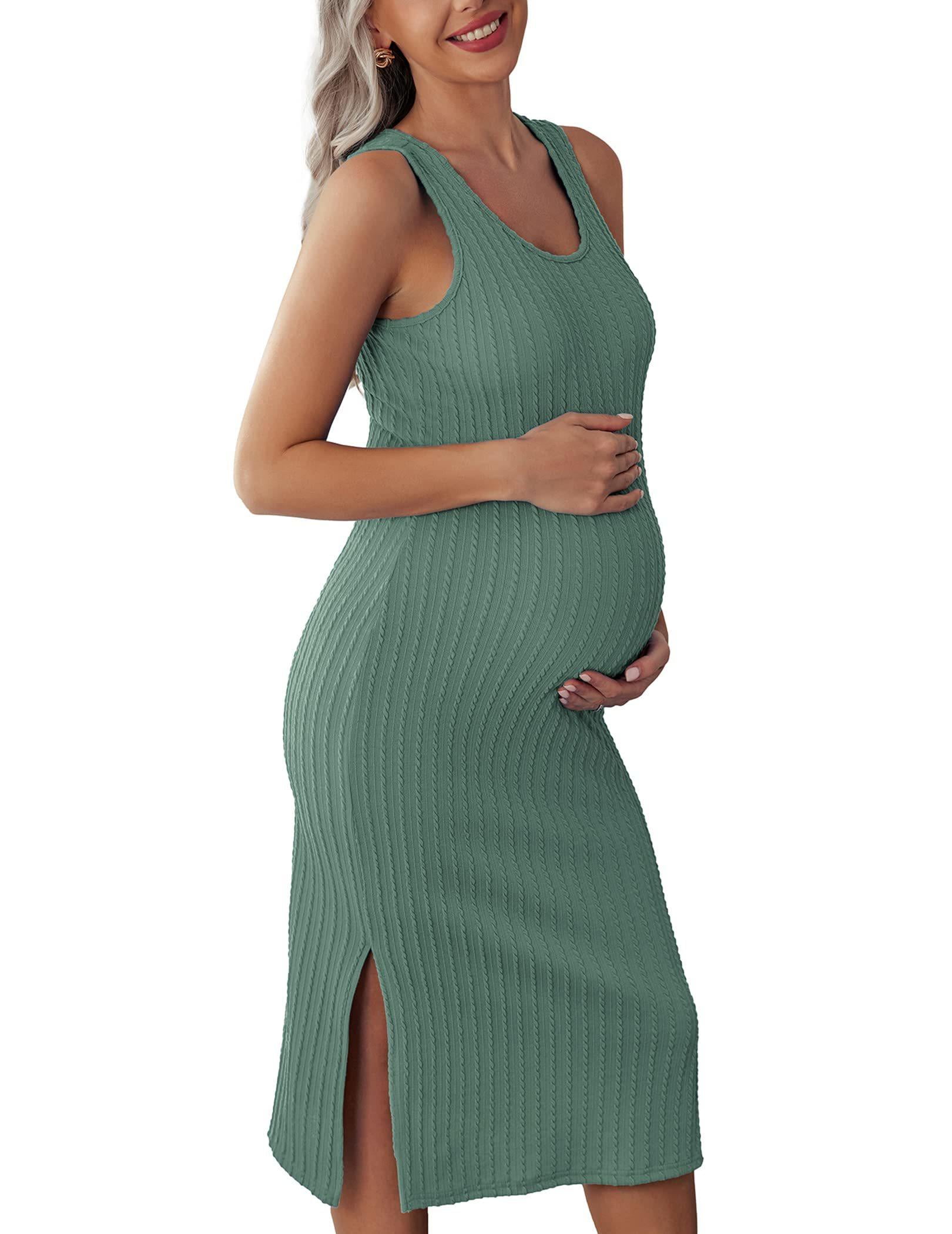 Ekouaer Rib Knit Maternity Dress (US Only), Green / L