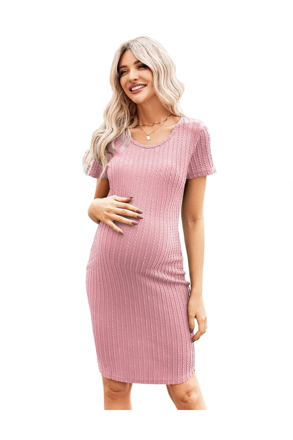 Maternity Dress Rib Knit Short Sleeve Bodycon Dresses Casual Stretchy Pregnancy Baby Shower Clothes