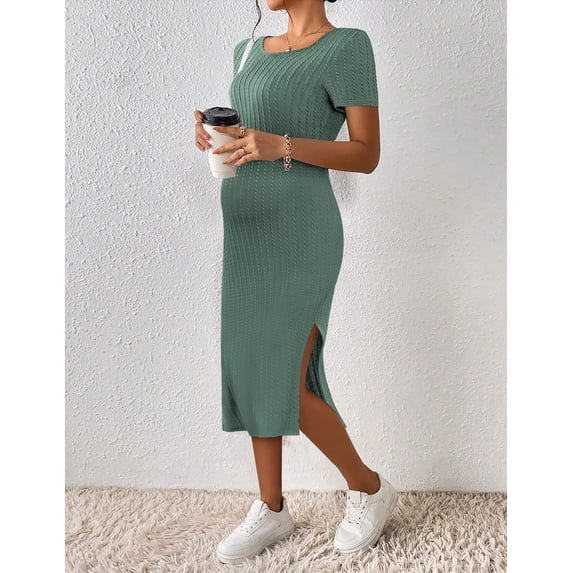 Ekouaer Maternity Dress Rib Knit Short Sleeve Bodycon Dresses Casual Stretchy Pregnancy Clothes