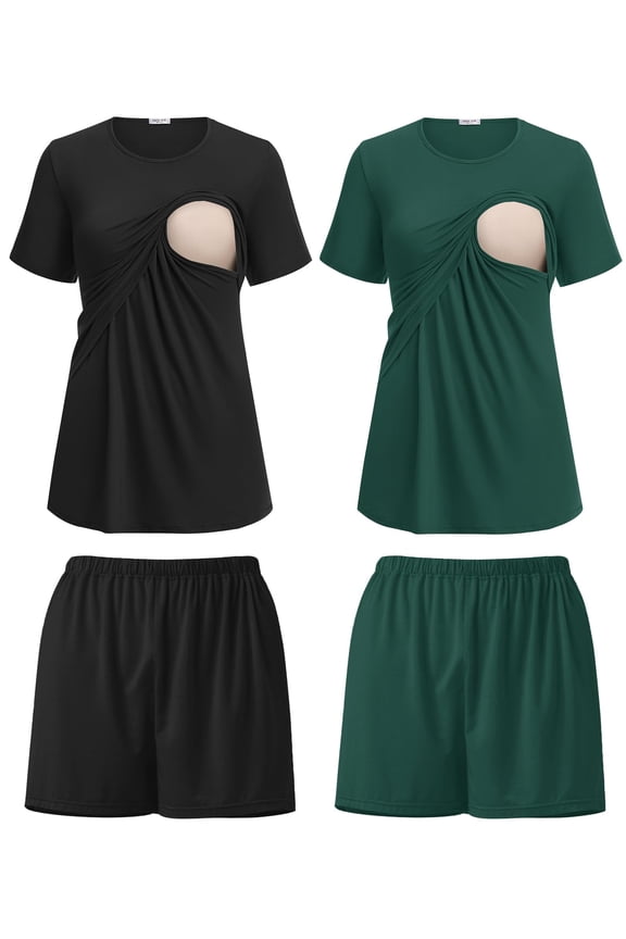 Maternity Nursing Clothes 2 Pack Double Layer Sleepwear Short Sleeve Postpartum Pajamas Breastfeeding Outfit Tops & Shorts