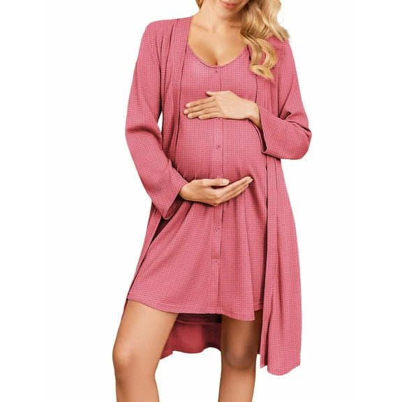 Ekouaer Maternity Nursing Gown and Robe Set 2 Piece Waffle Breastfeeding Nightgown 3 in 1 Labor and Delivery Hospital Gown
