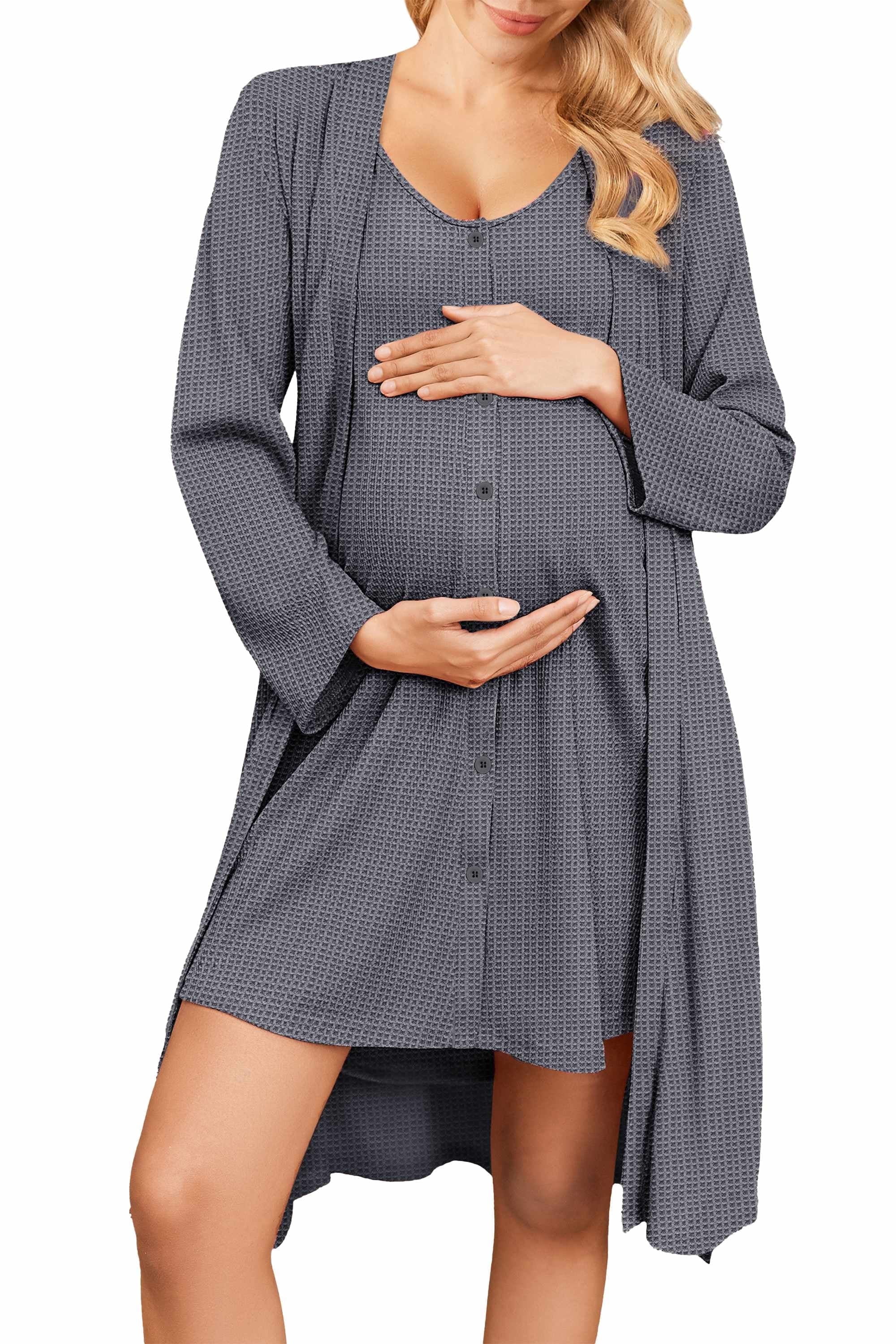 Maternity Nursing Gown and Robe Set 2 Piece Waffle Breastfeeding Nightgown 3 in 1 Labor and Delivery Hospital Gown