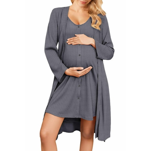 Ekouaer Maternity Nursing Gown and Robe Set 2 Piece Waffle Breastfeeding Nightgown 3 in 1 Labor and Delivery Hospital Gown