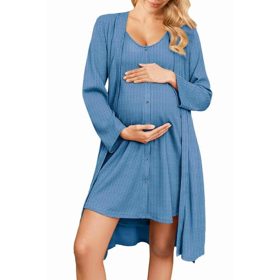 Ekouaer Maternity Nursing Gown and Robe Set 2 Piece Waffle Breastfeeding Nightgown 3 in 1 Labor and Delivery Hospital Gown
