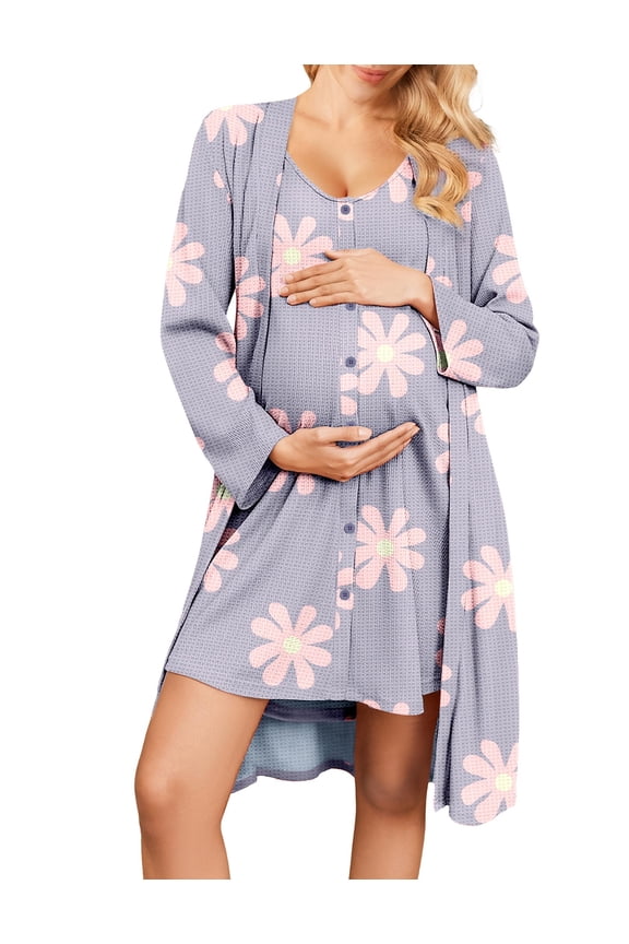 Maternity Nursing Gown and Robe Set 2 Piece Waffle Breastfeeding Nightgown 3 in 1 Labor and Delivery Hospital Gown