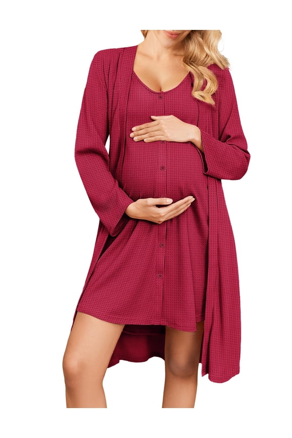 Maternity Nursing Gown and Robe Set 2 Piece Waffle Breastfeeding Nightgown 3 in 1 Labor and Delivery Hospital Gown