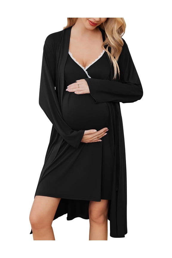 Maternity Nursing Gown and Robe Set Nursing 3 In 1 Labor Delivery Nightgowns for Hospital Breastfeeding Gowns Grey Flower Large