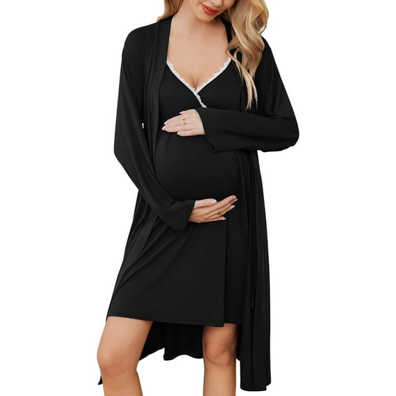 Ekouaer Maternity Nursing Gown and Robe Set Nursing 3 In 1 Labor Delivery Nightgowns for Hospital Breastfeeding Gowns Grey Flower Large